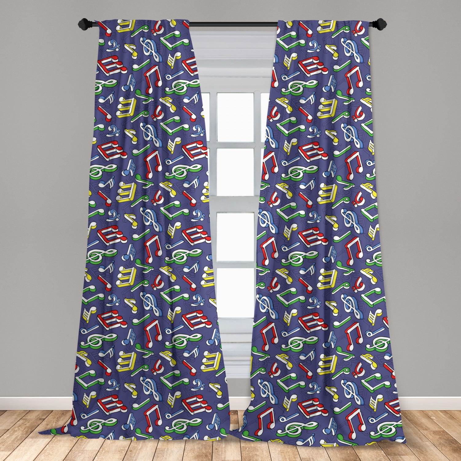 Music Curtains 2 Panels Set, Cartoon Style Colorful Pattern with