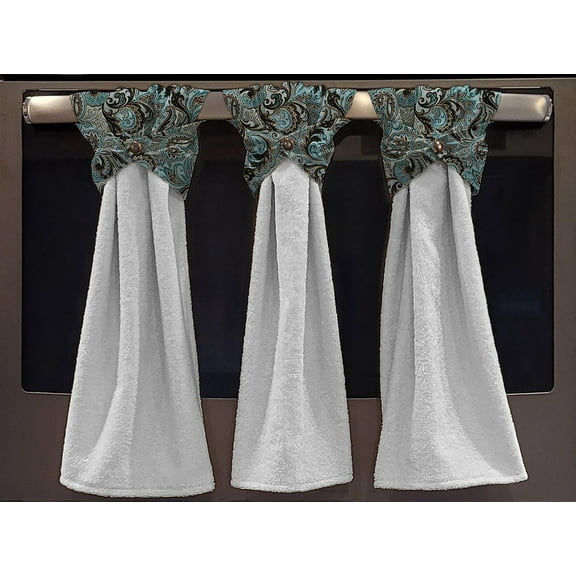 Paisley Wraparound Snap Hanging Towels (Set of 2) by Penny's Needful Things (Brown & Teal )(Terrycloth Color: White)