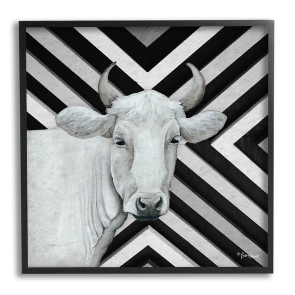White Cattle Chevron Stripes Animals & Insects Graphic Art Black Framed Art Print Wall Art