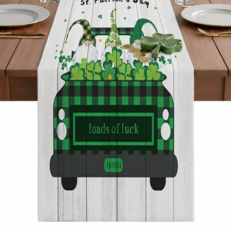 St Patricks Table Runner 16 x 72 Inch Day Truck Shamrock Gnome Wood Textured Background Washable Cotton Linen Dining Table Runner Tabletop Decorations for Restaurant Home Kitchen Party