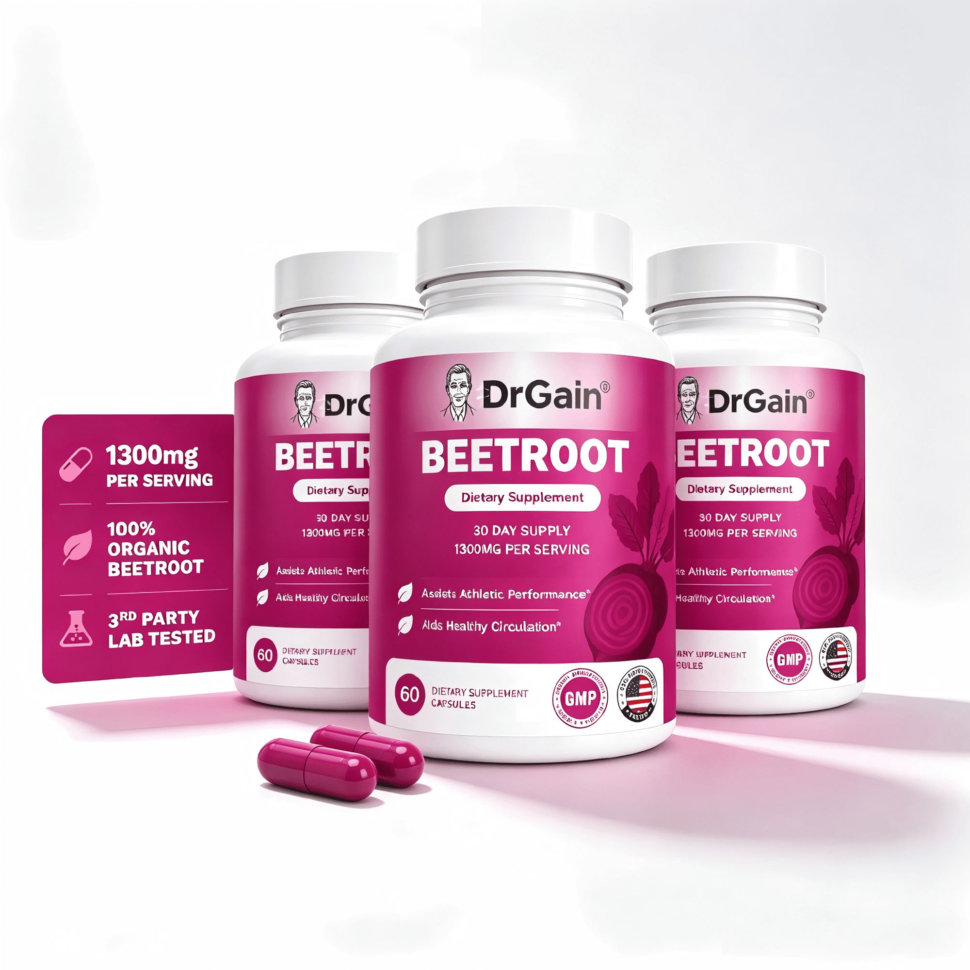DrGain Beetroot Supplement Capsules with Beet Root Powder,Natural Superfood Blend,Circulation & Daily Wellness Support,3‑Pack