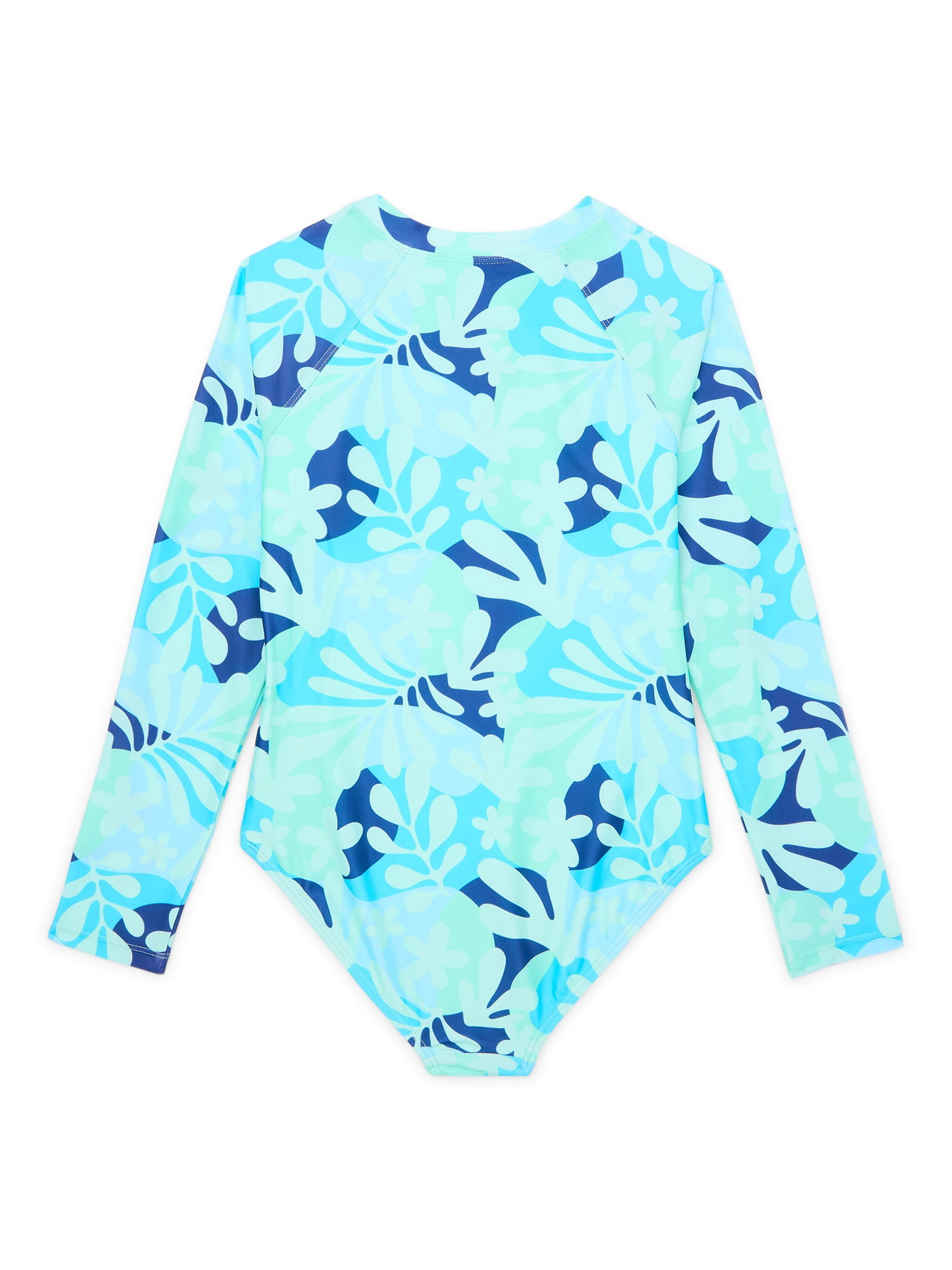 Wonder Nation Girls Long Sleeve Zip-Up Rash Guard One-Piece Swimsuit, Sizes 4-18 & Plus