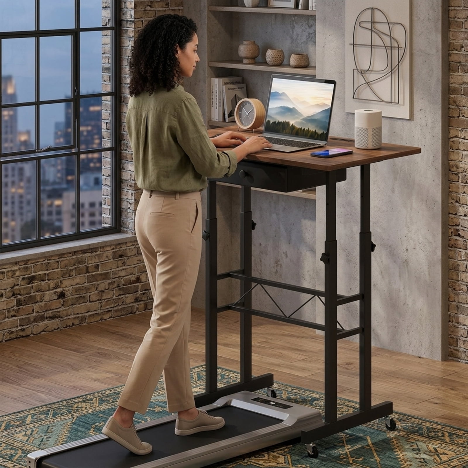 Furnibear Height Adjustable Standing Laptop Desk with Fabric Drawer Tablet Holder Lockable Wheels and Sit Stand Design for Home Office, Rustic Brown