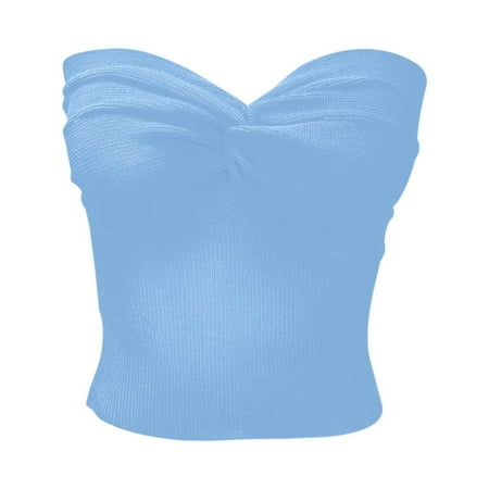 BYHONG Elegant Strapless Solid Color Knit top for Women Stretchable Tube Bandeau Bra Crop tops for Casual or Party Wear Women s Tanks & Camis Light Blue XXXL