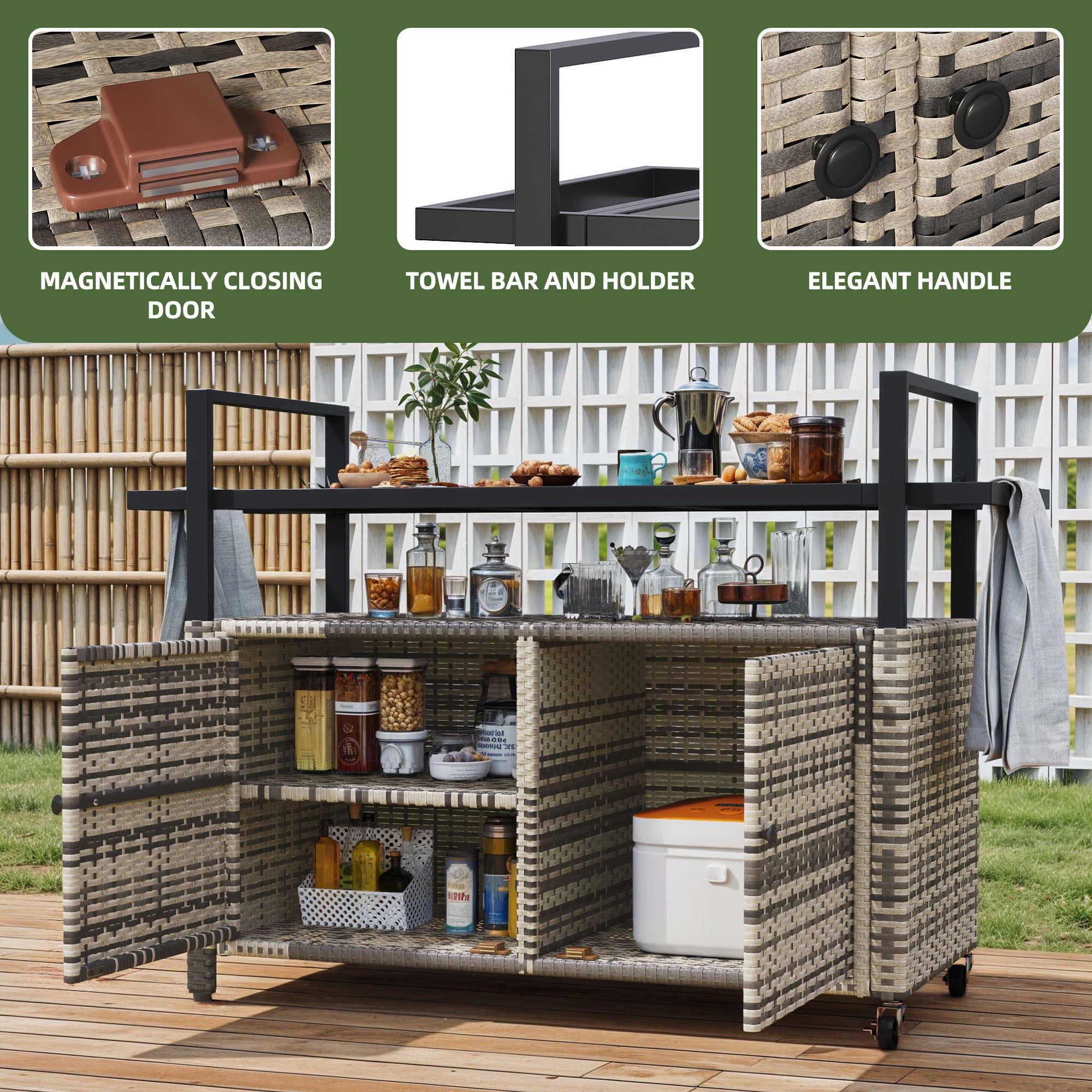 Uforic XL Gray Outdoor Storage Cabinet with Grill Cart, Wheels & Black Glass Table Top for Patio Kitchen