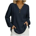 thumbnail image 3 of Women's V Neck Button Down Long Sleeve Base Layer Top Shirt Blouse, Loose Fit Thermal Warm Fashion for Winter Spring Casual Office | CSEONE,Navy XL, 3 of 9
