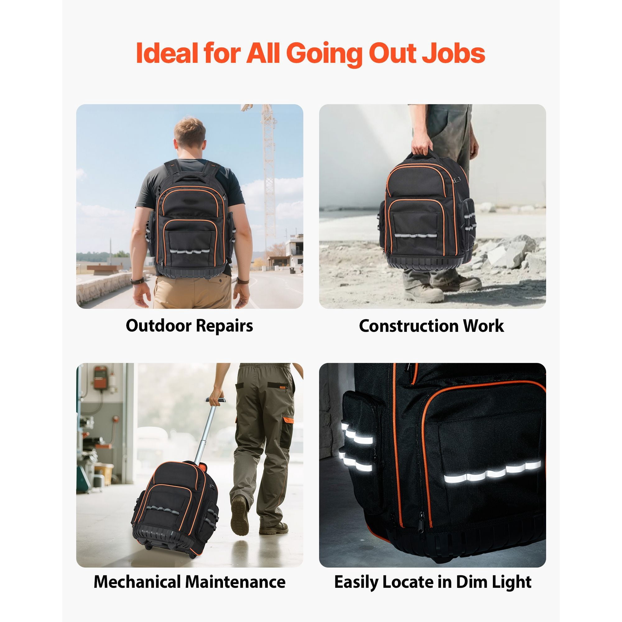 Rolling Tool Backpack with 45 Pockets, 110 lbs Capacity, 1680D Oxford Fabric, 2-Level Handle, for Electrician Plumber Mechanic