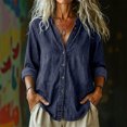 thumbnail image 2 of FRSASU Women's Denim Shirt Button Down Collarless V Neck Casual Jean Lightweight Roll Up Sleeve Relaxed Fit Denim Shirt Dark Blue, 2 of 9