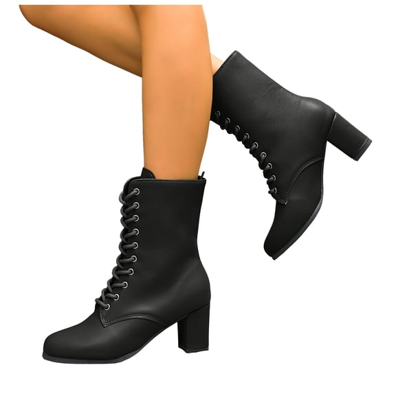 Women's Mid Calf Leather Boots Chunky Mid Heel Lace up Combat Booties Side Zipper Winter Fall Boots