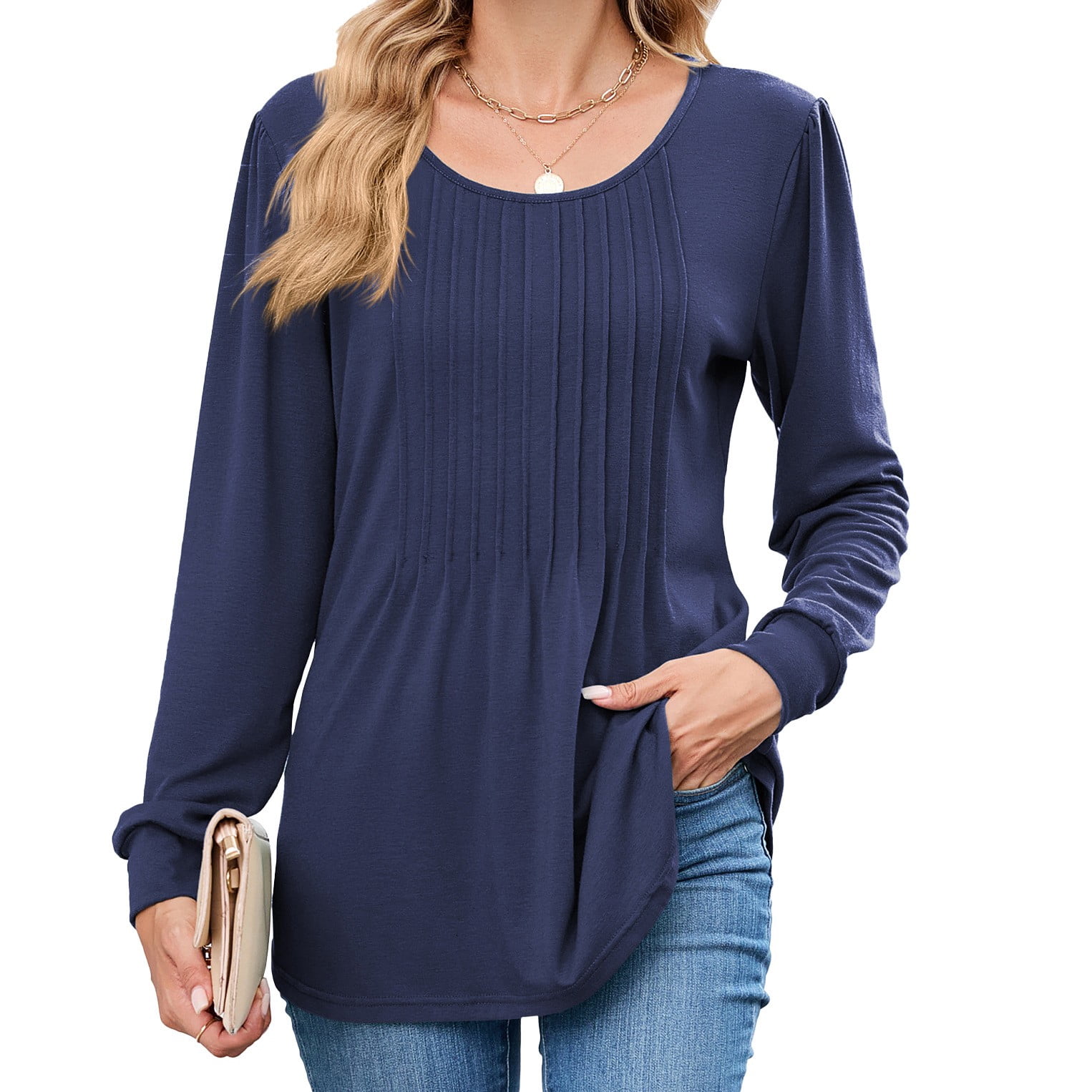 Women's Long Sleeve Pleated Blouse - Square Neck Puff Sleeve Tunic Top For Fall