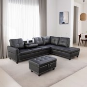 Sofa Set, Faux Leather 3-Piece Couch Living Room Sofa Set with Storage Ottoman,L-Shaped Sectional Sofa,Sectional Couches for Living Room, Black