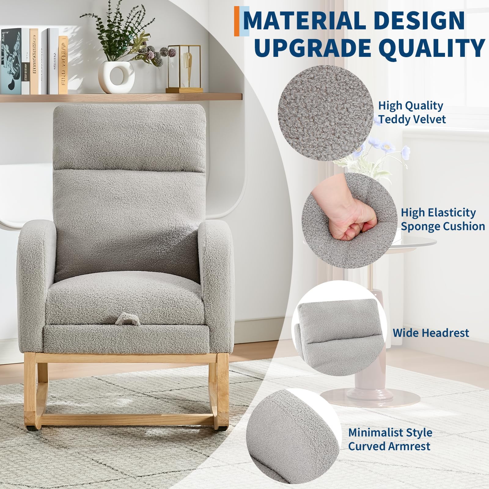 Nursery Rocking Chair with Retractable Footrest & High Backrest, Upholstered Glider Rocker Accent Chair for Breastfeeding Reading, Compact for Bedroom Living Room Apartments