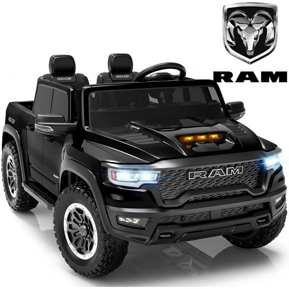 RAM 24V Ride on Cars for Tow Kids, RAM 1500 RHO 2 Seat Battery Powered Ride on Toys with Remote Control, 4 Wheels Suspension Trunk, LED Light, MP3 Player, Electric Car for Kids Boy Girl Gift, Black