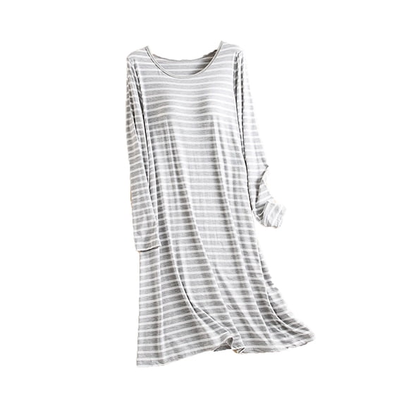Stamzod Long Sleeve Nightgowns for Women Strip Printed V Neck Casual Sleep Dress with Built In Bra Loose Summer Fall Moo Moos for Women Gray XL