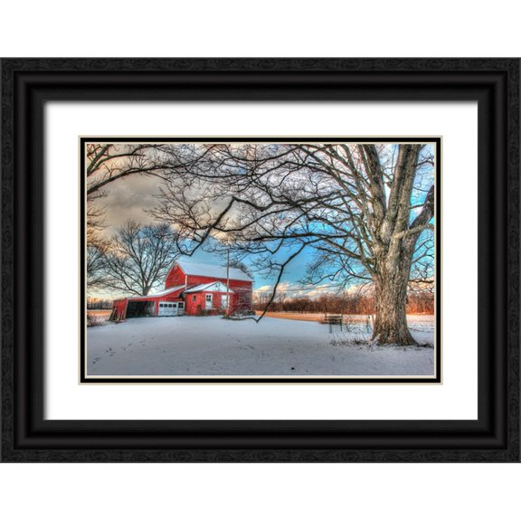 Goldwitz, Robert 14x11 Black Ornate Wood Framed with Double Matting Museum Art Print Titled - Winter Barn
