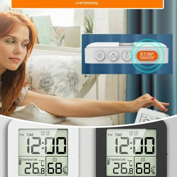 Higrotermógrafo digital Temporizador de reloj despertador | Pantalla LCD | Multifuncional | Alarmas dobles | Cuenta regresiva y cronómetro | Función de repetición | Unidades de temperatura |