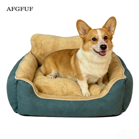 AFGFUF Plush Bolster Dog Bed, Small/Medium, Teal & Beige, Removable Washable Cover