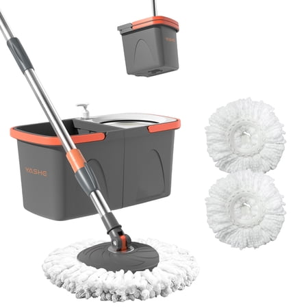 Foldable Spin Mop and Bucket System with Wringer, Dual-Bucket Cleaning Design, Stainless Steel Wringing Basket, Collapsible Storage with Detergent Bottle, 2 Reusable Microfiber Mop Heads