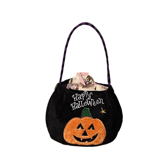 4-Piece Velvet Halloween Treat Bag Set, Pumpkin and Witch Character Designs, Reusable Soft Candy and Gift Totes for Kids Trick-or-Treat Party and Holiday Events