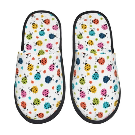 Balery Ladybugs And Flowers Slient Indoor Furry Fleece Comfort House Shoes Soft Non-Slip Home Shoes Cotton slippers House Slippers-- Large