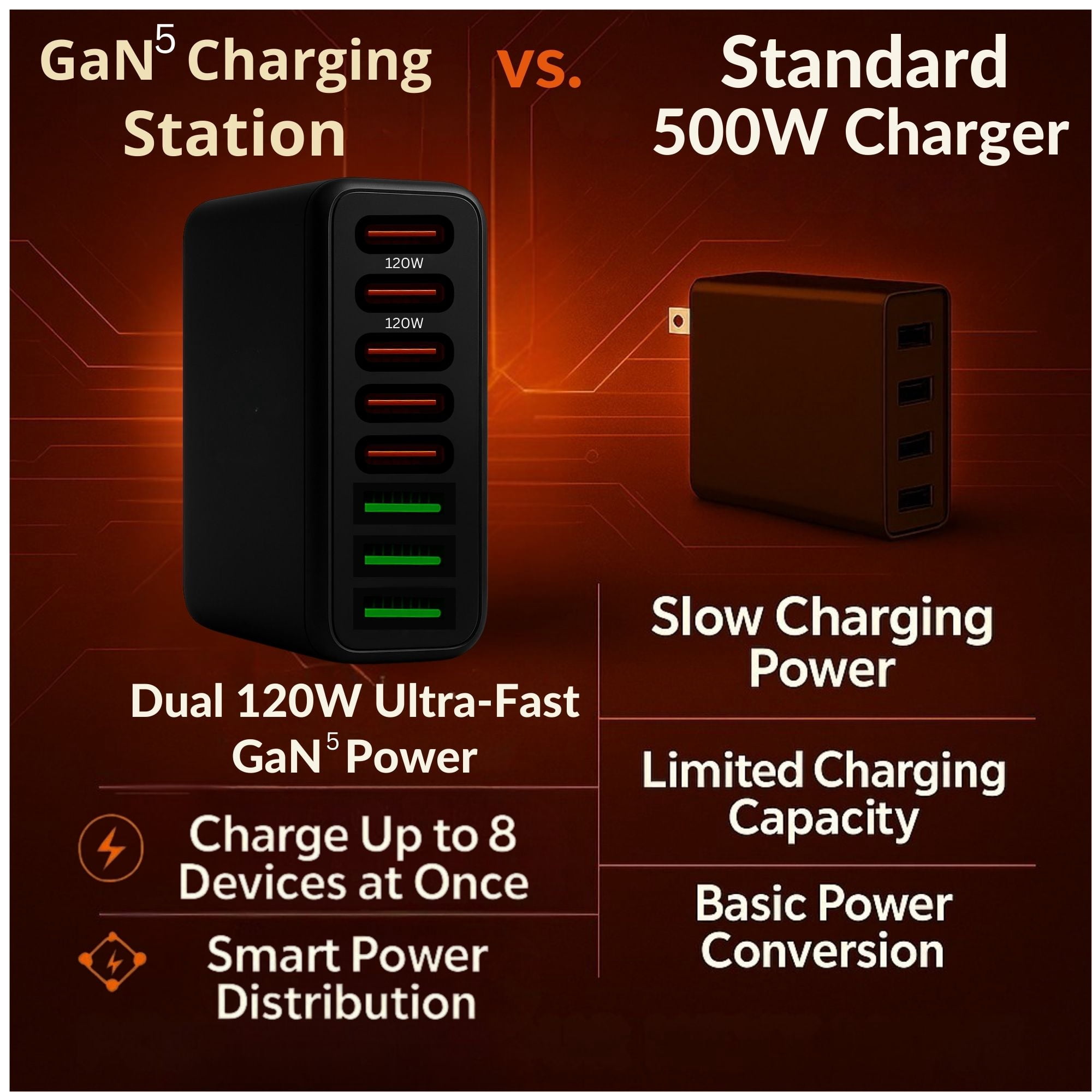 500W GaN USB-C Fast Charging Station – 8-Port Desktop Charger for Laptop, Phone, Tablet – PD 3.0 QC 3.0 – Power Cord Included