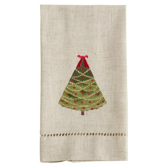 Saro Lifestyle XM757.N1422 14 x 22 in. Embroidered & Hemstitched Ribbon Christmas Tree Guest Towels, Natural - Set of 4