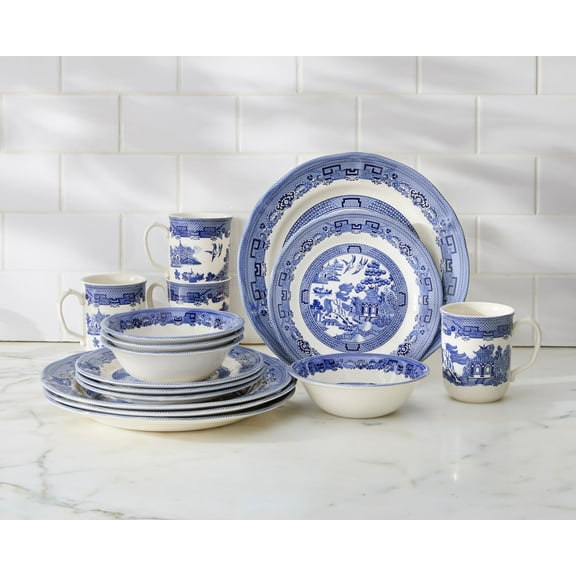 BrylaneHome 16 Piece Blue Willow Dinnerware Set (Service for 4), Includes Dinner & Salad or Dessert Plates, Bowls, Mugs, Elegant Traditional Pattern