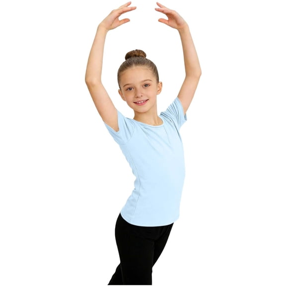 Girls Dance Top Activewear 100% Cotton Slim Fit Short Sleeve Round Neck Athletic Shirt for Kids Kids to Teen Light Blue,Size 7-8 T