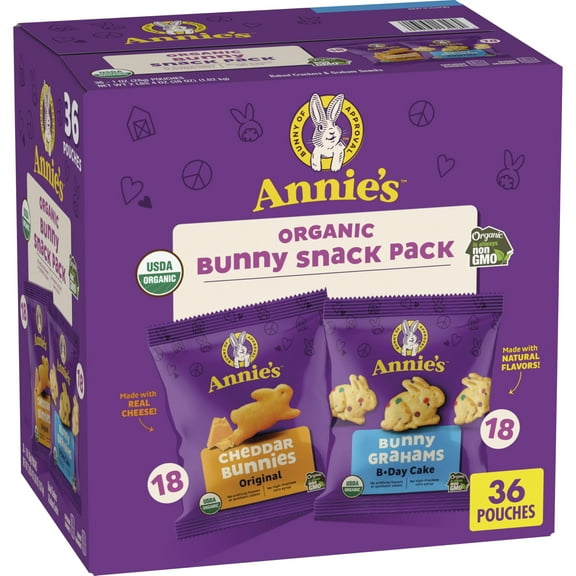 Annie's Organic Snack Pack,  Cheddar Bunnies Crackers and Birthday Cake Bunny Grahams, 36 Ct, 36 oz