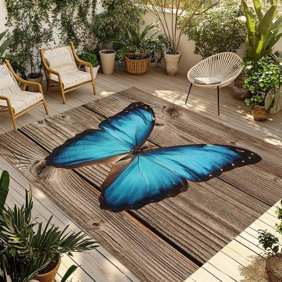 Blue Butterfly Outdoor Rug 6x9 Ft - Reversible Patio Rug Outdoor Camping Rugs, Vintage Animal Artwork Brown Wooden Grain Indoor Outdoor Area Rugs, Non-Slip Outdoor Carpet Runner for Deck/Porch