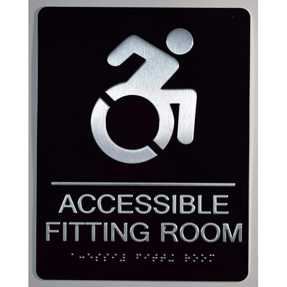 ACCESSIBLE Fitting Room Sign with Tactile Text and Braille Sign -(Aluminium, Black/Silver,Size 6X9)- The Sensation line(ref-2022-4)