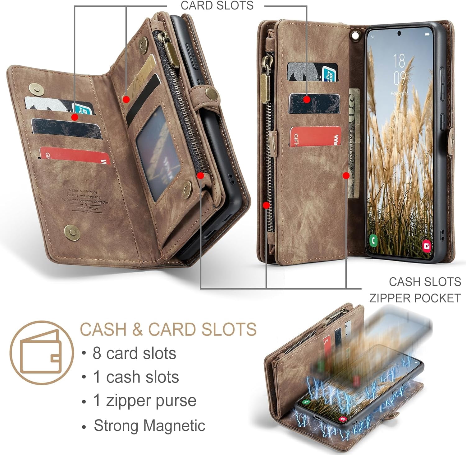 Phone Case for Samsung Galaxy S24 5G Zipper Wallet Detachable Cover with Tempered Glass Screen Protector and Leather Flip Credit Card Holder Cell Accessories S 24 24S GS24 G5 Women Men Red