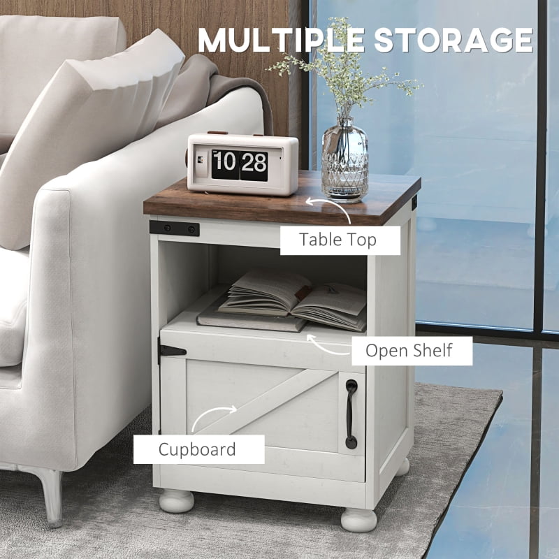 HOQBN Side Table with Storage, End Table with Open Shelf, Cupboard, and Wood Legs, Modern Farmhouse Style, White