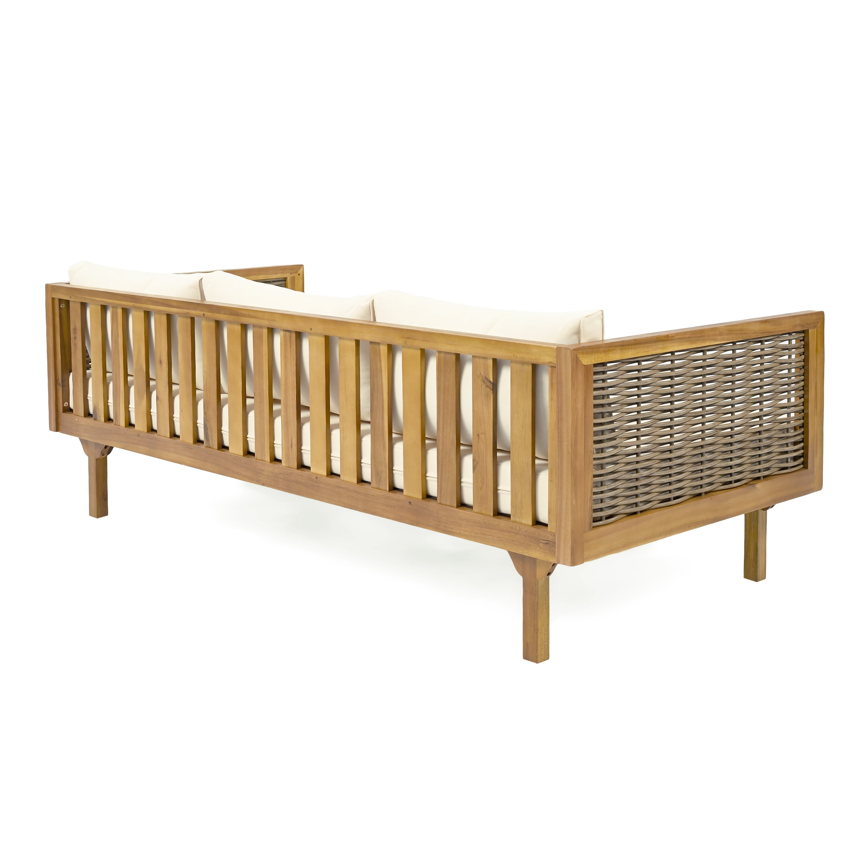 3 Seater Daybed, Outdoor Rattan Arm Daybed for Patio Garden, Teak and Beige