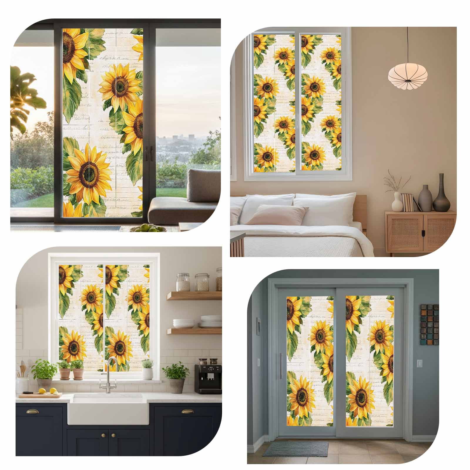 Sun Blocking Glass Window Film, Sunflower Window Privacy Film Frosted, Summer Botanical Vintage Floral Spring Reusable Windows Privacy Sticker for Home Decor, Nursery, 23.6 x 78.7 Inches
