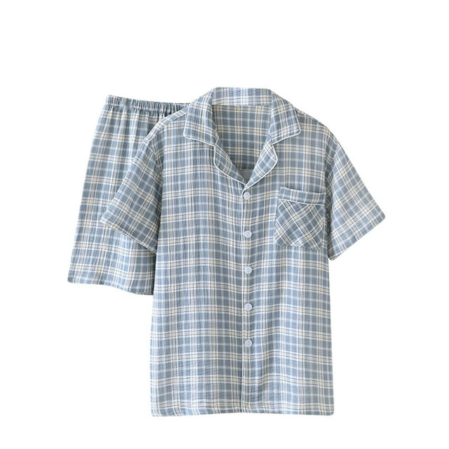Conjunto de pijama de verano para hombre, cárdigan de manga corta de gasa fina y pantalones cortos, ropa de casa a cuadros, conjunto de pijama para hombre