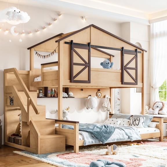Twin over Full House Bunk Bed, Bunk Bed with barn style sliding doors and Storage Shelves, Bunk bed with storage stair, Playhouse Bunk Bed for Kids Teens, No Box Spring Needed.Natural