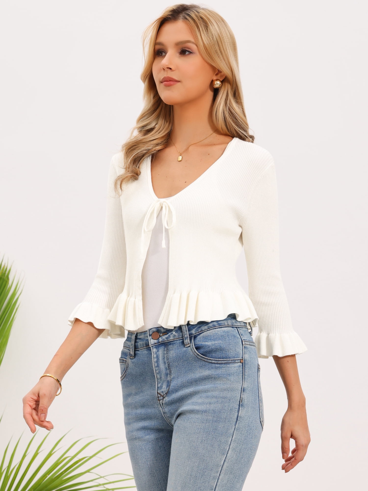 DARING DIVA Women's Ruffled Long Sleeve Rib Knit Open Front Cardigan XL White