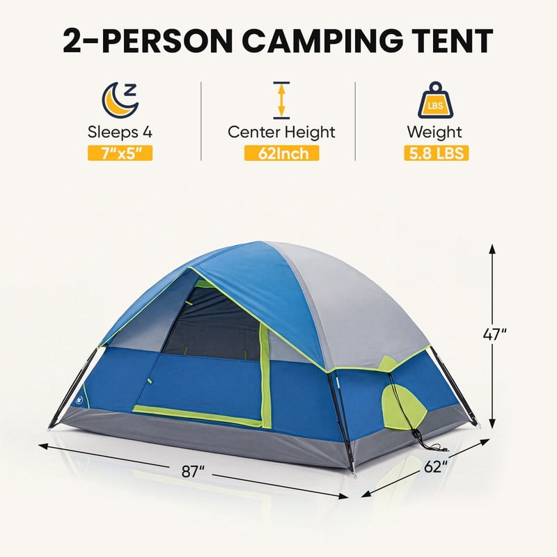 Gianna 2 Person Waterproof Camping Tent with Rainfly, Easy Setup Dome Tent with Mesh Windows & Skylights, Lightweight Portable Tent for Outdoor Camping, Festivals & Backyard, Blue