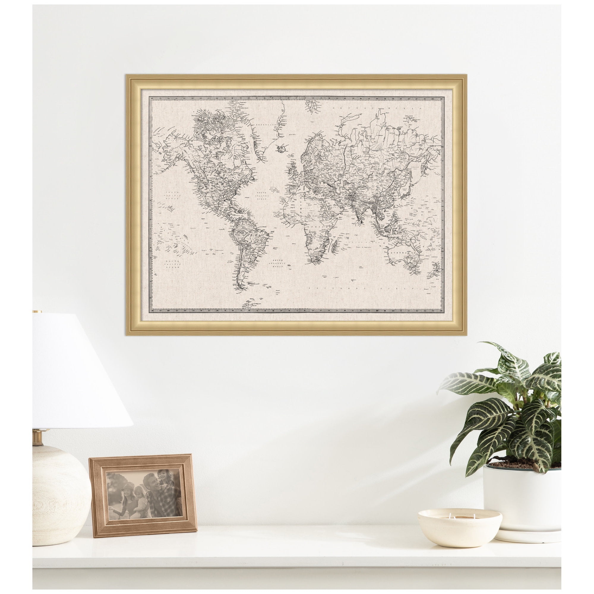 Kate and Laurel Framed Fabric Pinboard 26 x 20, Vintage Black and White Linen World Map Printed Linen Classic Bulletin Board for Use as a Vision Board or Wall Organization, Florence Gold Frame