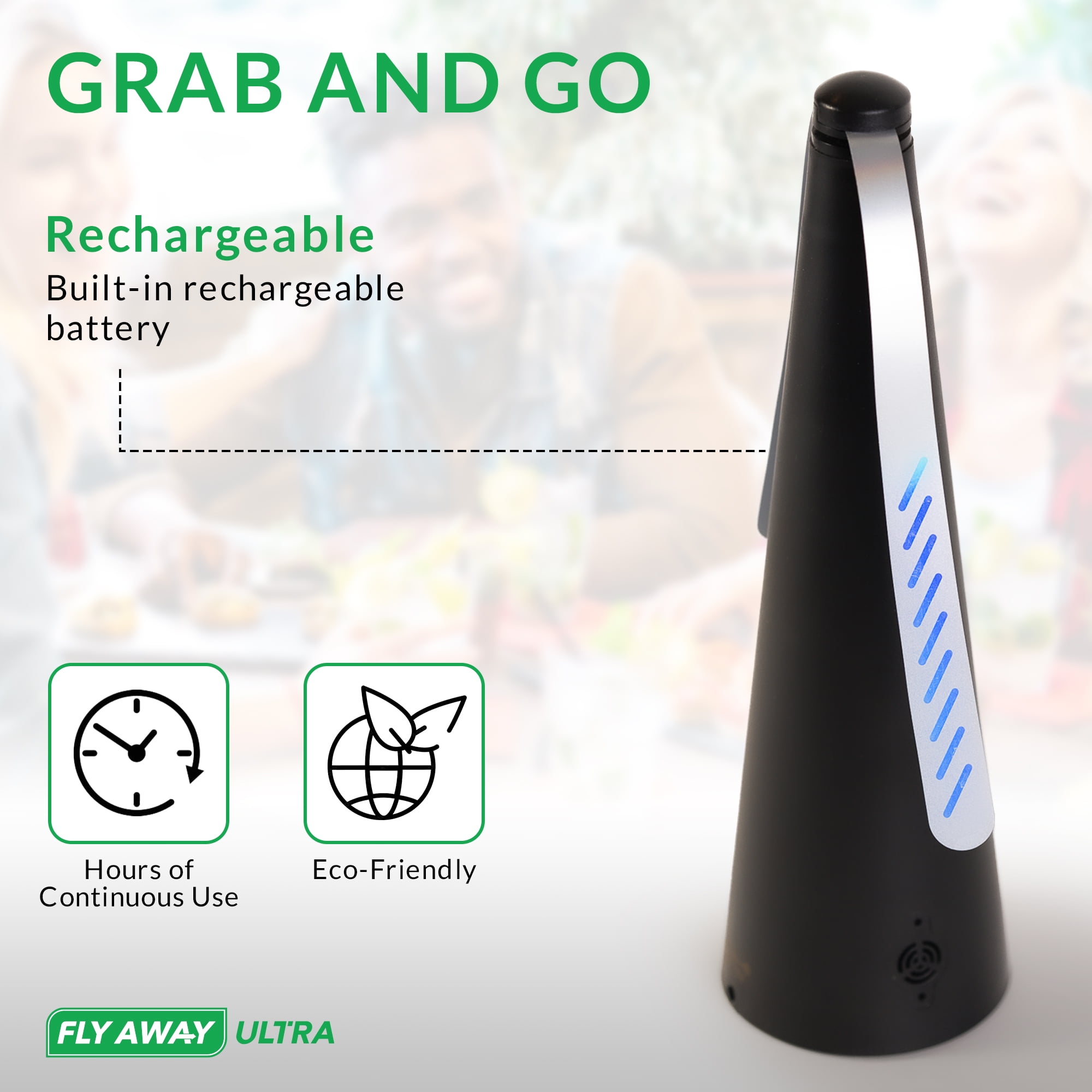 Fly Away Ultra - 2 Pack Rechargeable Outdoor Fly Fans for Tables with Ultrasonic Protection. Deter Flies and Other Flying Insects and Bugs From Meals