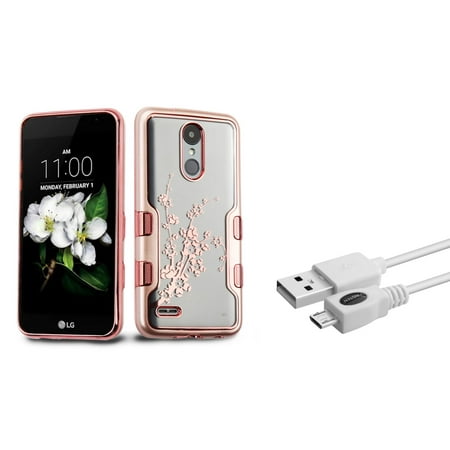 Insten Tuff Panoview Spring Flowers Hybrid PC/TPU Rubber Transparent Case For LG Aristo 2 / K8 (2018) / K8 Plus (2018) - Rose Gold (Bundle with Micro USB