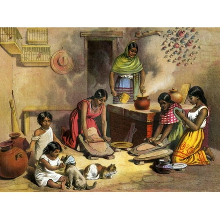 Latin Art - Mexican Women Making Tortillas, 1800s Hispanic Mexican Culture Cooking Food Print Wall Art