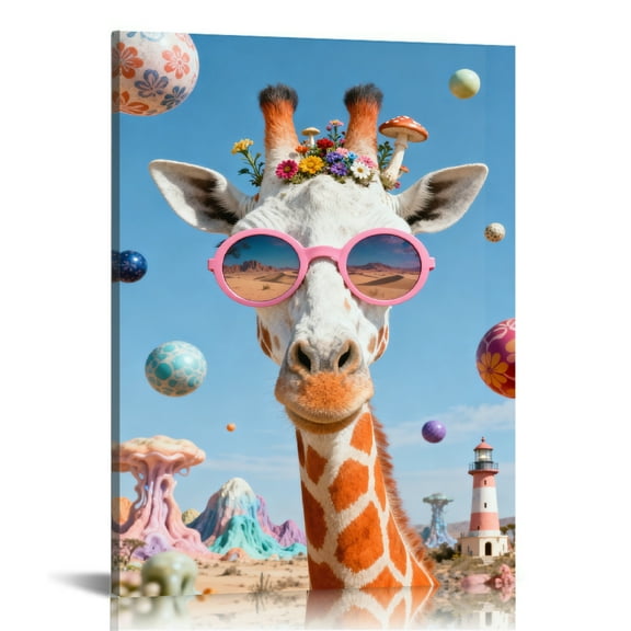 Fun Pink Sunglasses Giraffe with Fantasy Colorful Background Printed Canvas Wall Art (Hidden Wooden Frame) - Fresh Decor for Kids’ Room & Living Room