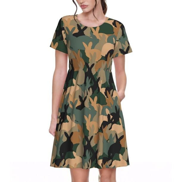 Disketp Camouflage Rabbit para Vestido de Manga Corta para Mujeres, Vestidos de Verano para Mujeres, Casual y Holgado para la Playa