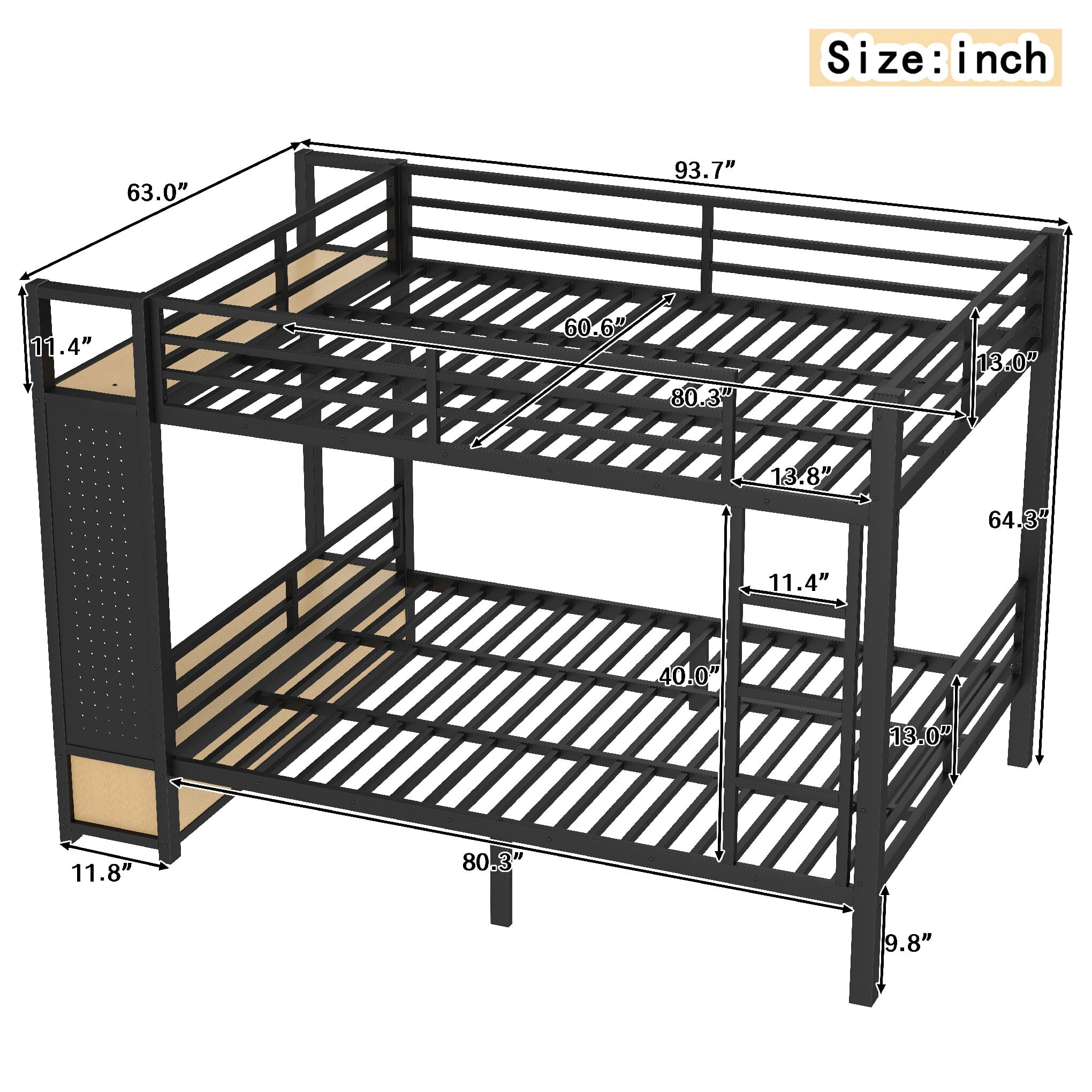 Mintazer Queen Over Queen Metal Bunk Bed with Pegboard and 2 Storage Drawers & 2 Wardrobe Shelves, Heavy Duty Platform Bed with Safety Guard Rails for Bedroom Dorm, Black