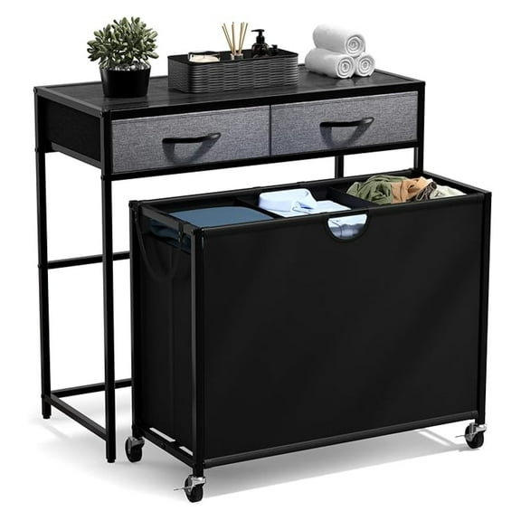 3 Section Laundry Hamper with Shelf & Drawers - Rolling Laundry Sorter, Black