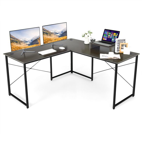 Gymax L-Shaped Reversible Computer Desk 2-Person Long Table w/Monitor Stand Brown