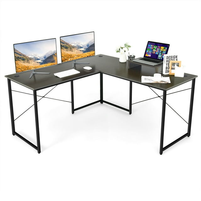 Gymax Bureau d'Ordinateur Réversible en L pour 2 Personnes, Longue Table avec Support pour Moniteur, Brun