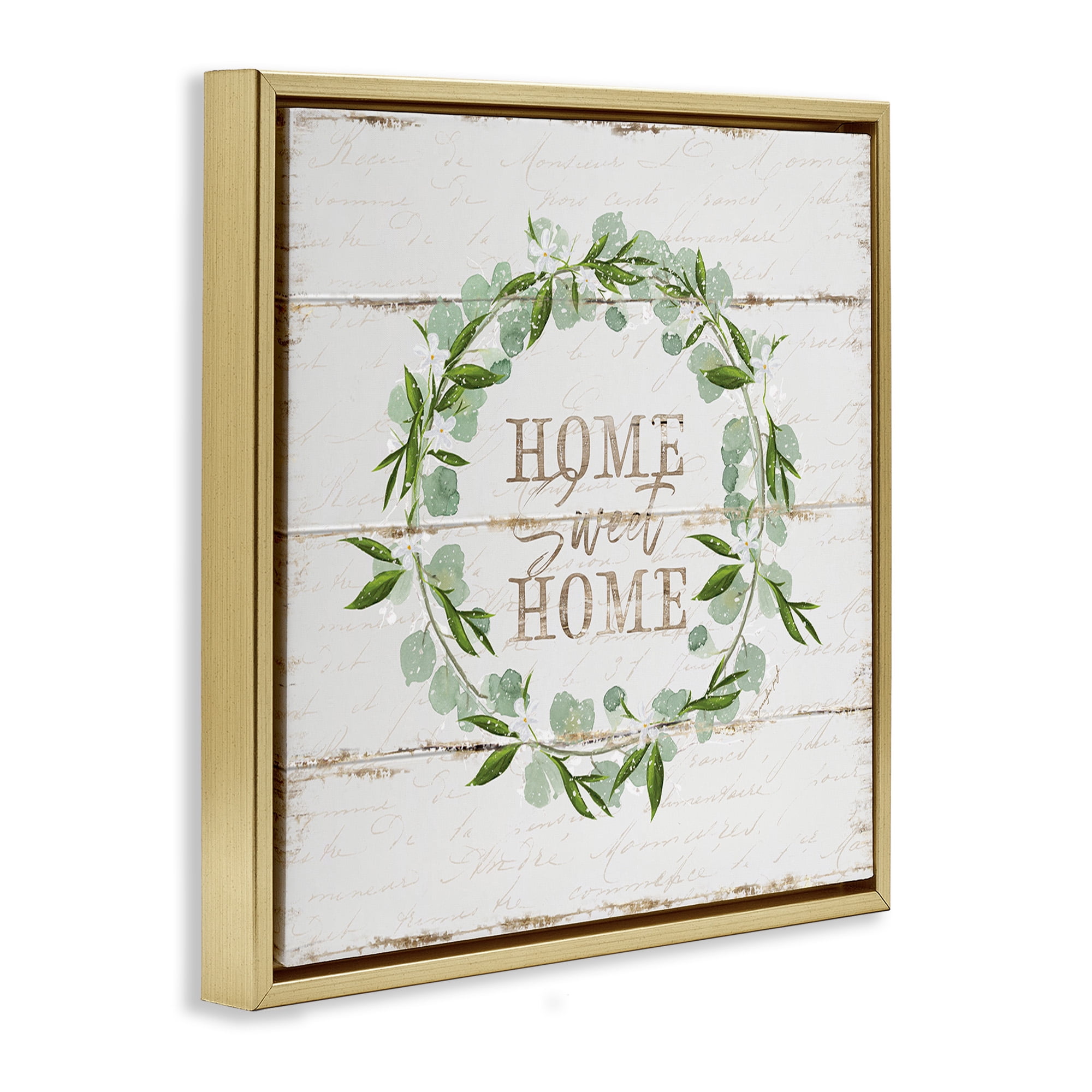 Stupell Industries Sweet Home Eucalyptus Wreath Typography Painting Gold Floater Framed Canvas Art Print Wall Art, 25 x 25